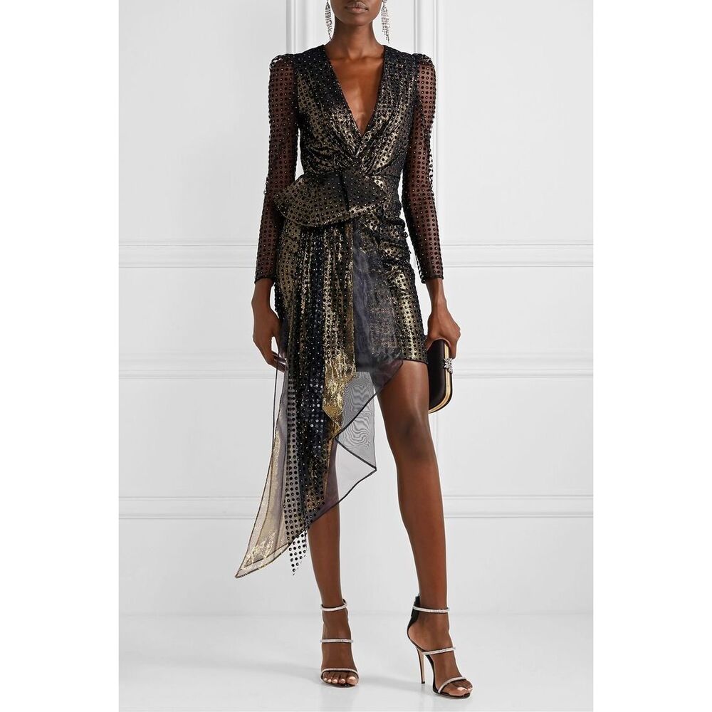 NWT Haney Simone wrap-effect tulle and organza-trimmed flocked Lurex mini dress